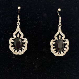Silver Earrings with Black Stone and Rhinestones